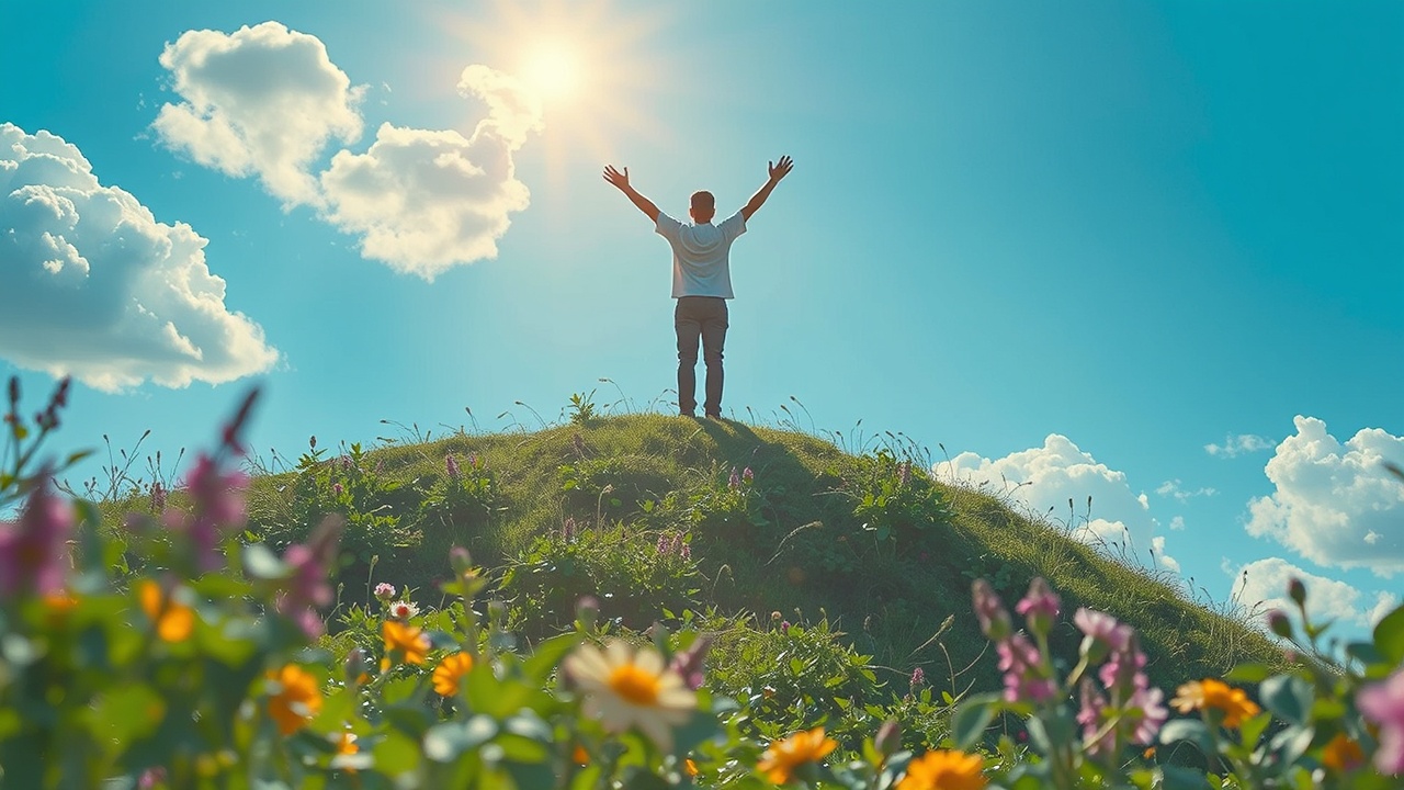 An image of a person happy on top of a hill on a sunny day