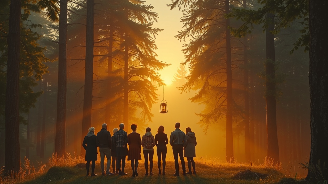 An image of a group of people being led by a lit lantern